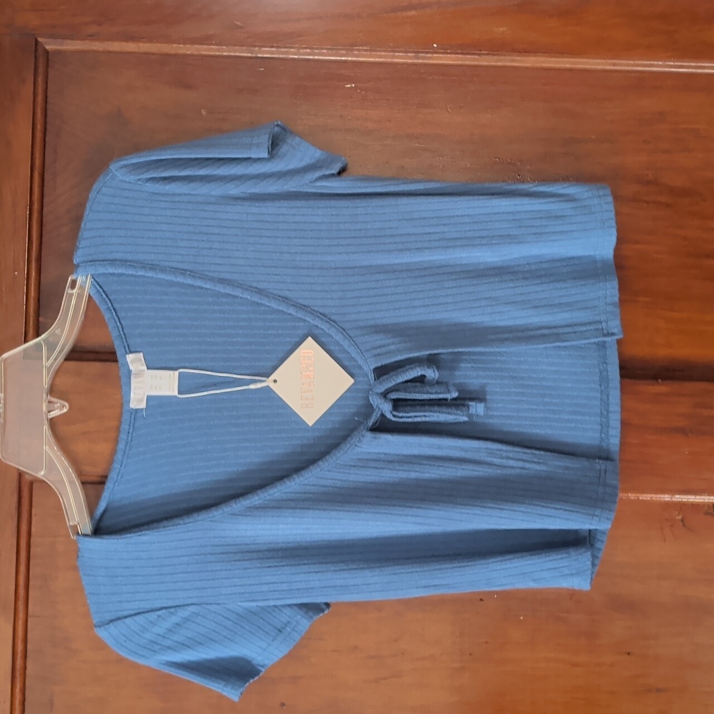NWT Revamped Blue Ribbed Tie-Front Short Sleeve Crop Top – Size XS